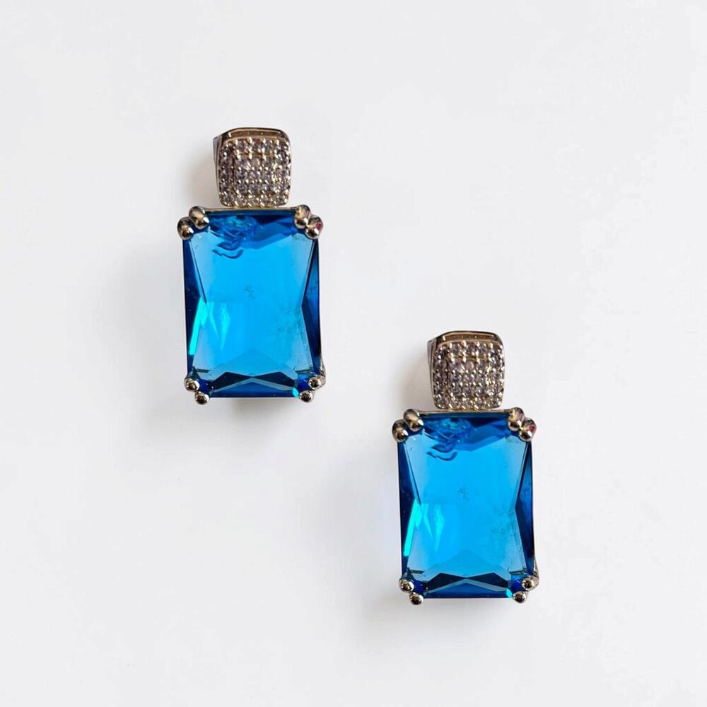 Blue Rectangle CZ Drop Earrings
